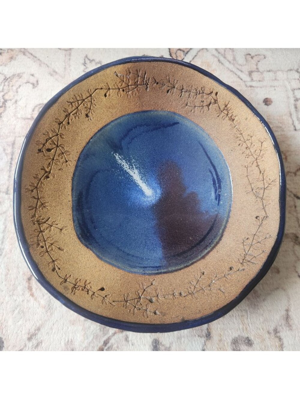 Studio Pottery Large 11in. Blue & Clay Floral Serving Bowl by Judy